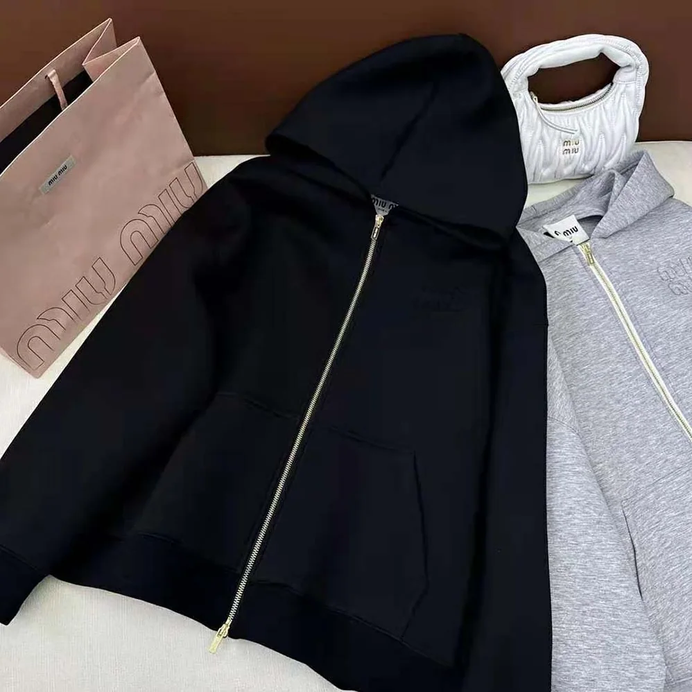 Miu Miu Cotton Hoodie with Embroidered Logo for Women in Black