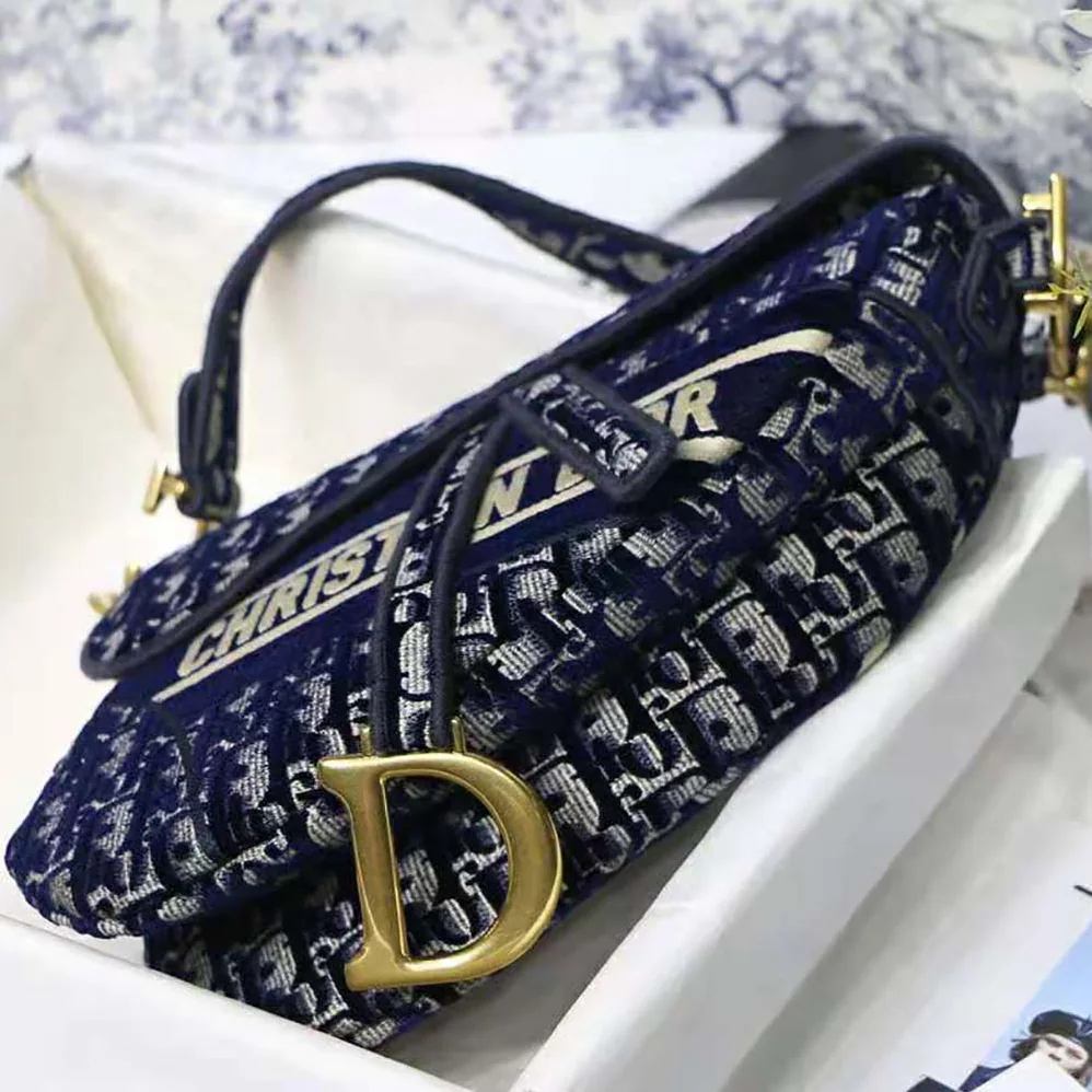 Dior Saddle Bag Blue Dior Oblique Embroidery for Women