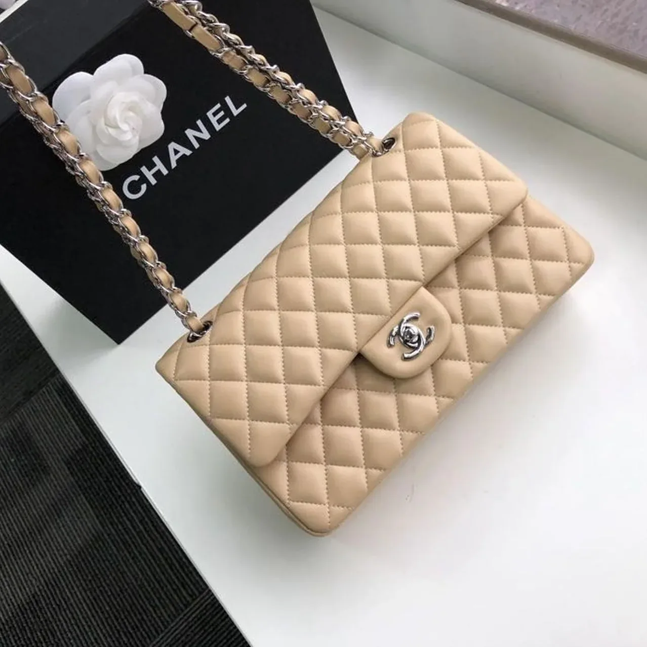 Chanel Classic Double Flap Bag Medium Crossbody in Beige Silver Hardware