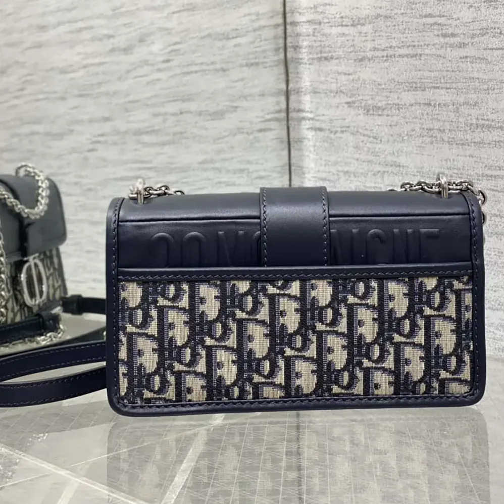 Dior 30 Montaigne East-West Bag with Chain Blue Dior Oblique Jacquard and Smooth Calfskin for Women