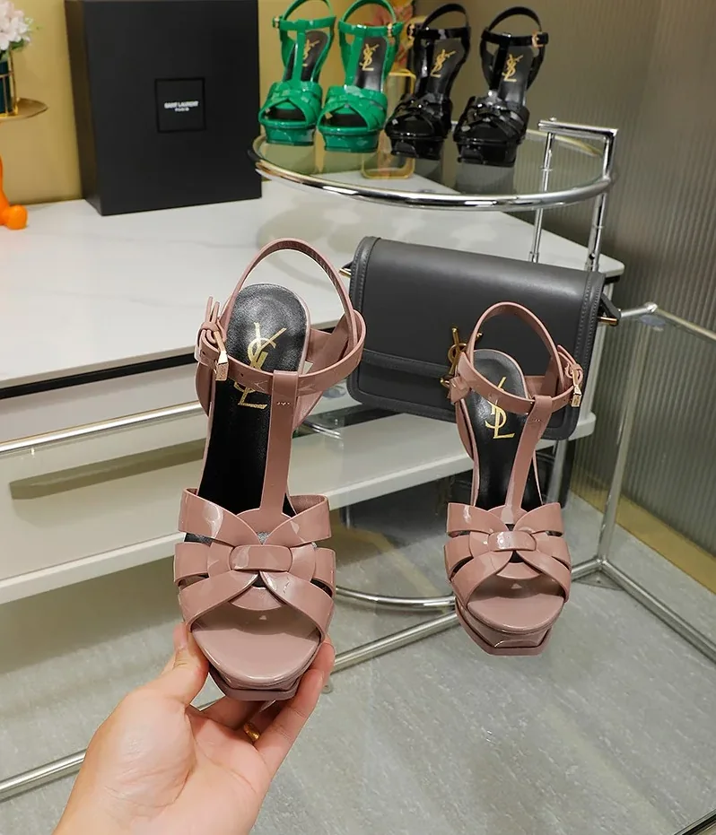Saint Laurent Tribute Platform Sandals In Patent Pink Saint Laurent Tribute Platform Sandals In Patent Pink
