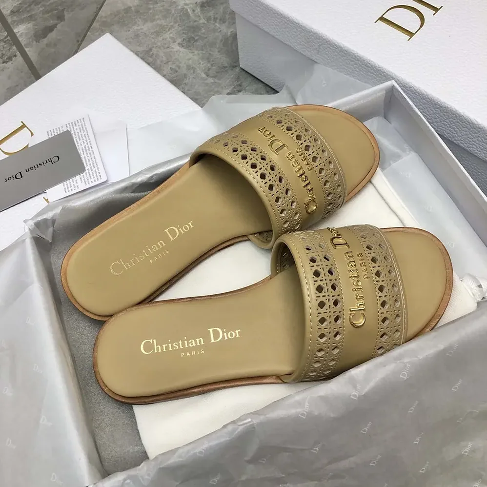 Dior D-Lane Slide Beige Calfskin with Openwork Microcannage Motif for Women Dior D-Lane Slide Beige Calfskin with Openwork Microcannage Motif for Women