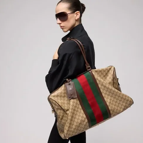 Gucci GG Medium In Web Duffle Bag / Sand/ Dark Brown Gold Hardware Gucci GG Medium In Web Duffle Bag / Sand/ Dark Brown Gold Hardware