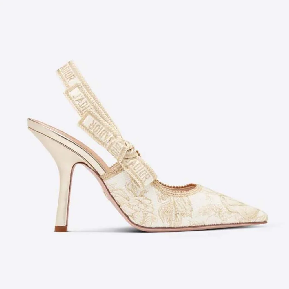 Dior J'Adior Slingback Pump White and Gold for Women in Tone Cotton Embroidered