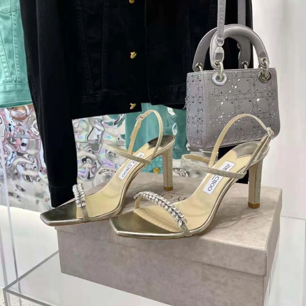 Jimmy Choo Meira 85 Platinum Lce Dusty Glitter Sandals for Women
