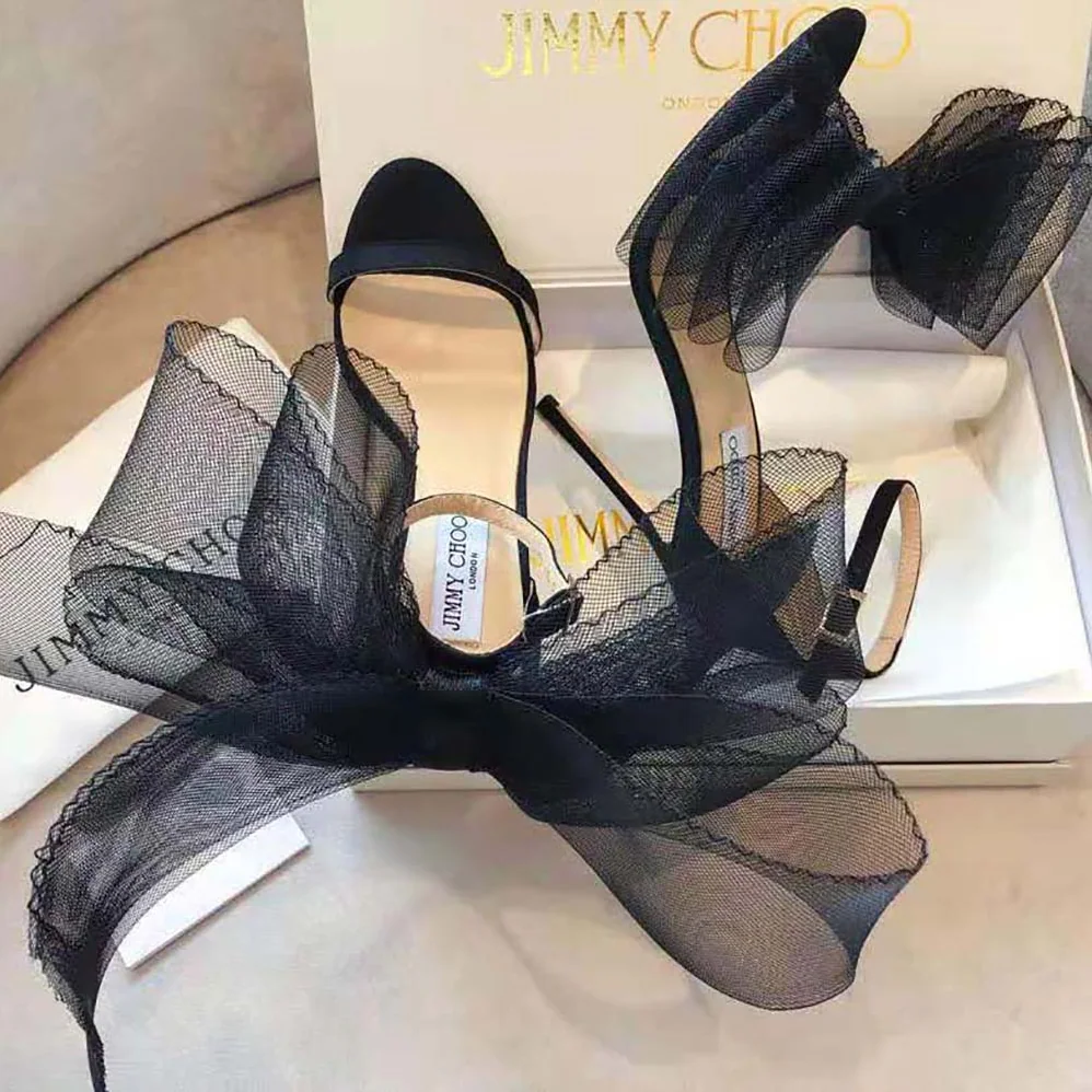 Jimmy Choo Aveline 100 Black Sandals with Asymmetric Grosgrain Mesh Fascinator Bows for Women Jimmy Choo Aveline 100 Black Sandals with Asymmetric Grosgrain Mesh Fascinator Bows for Women