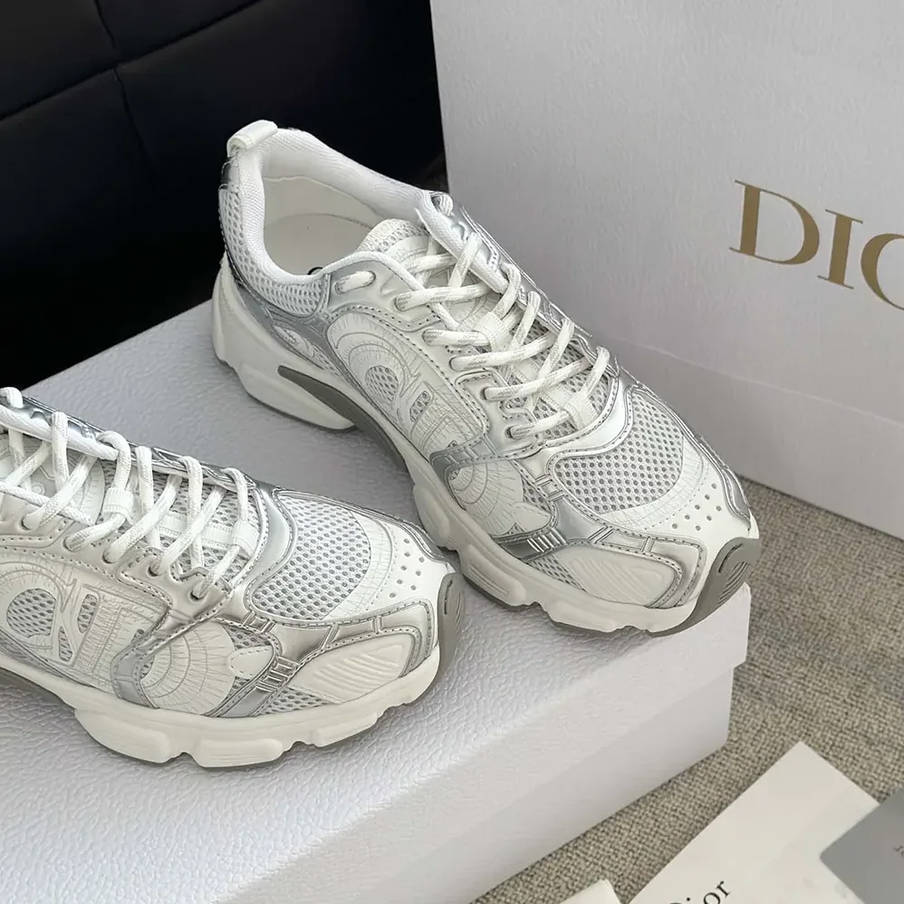 Dior Chrono Sneaker White Mesh with Silver-Tone and White Laminated Leather for Unisex in Effect Inserts