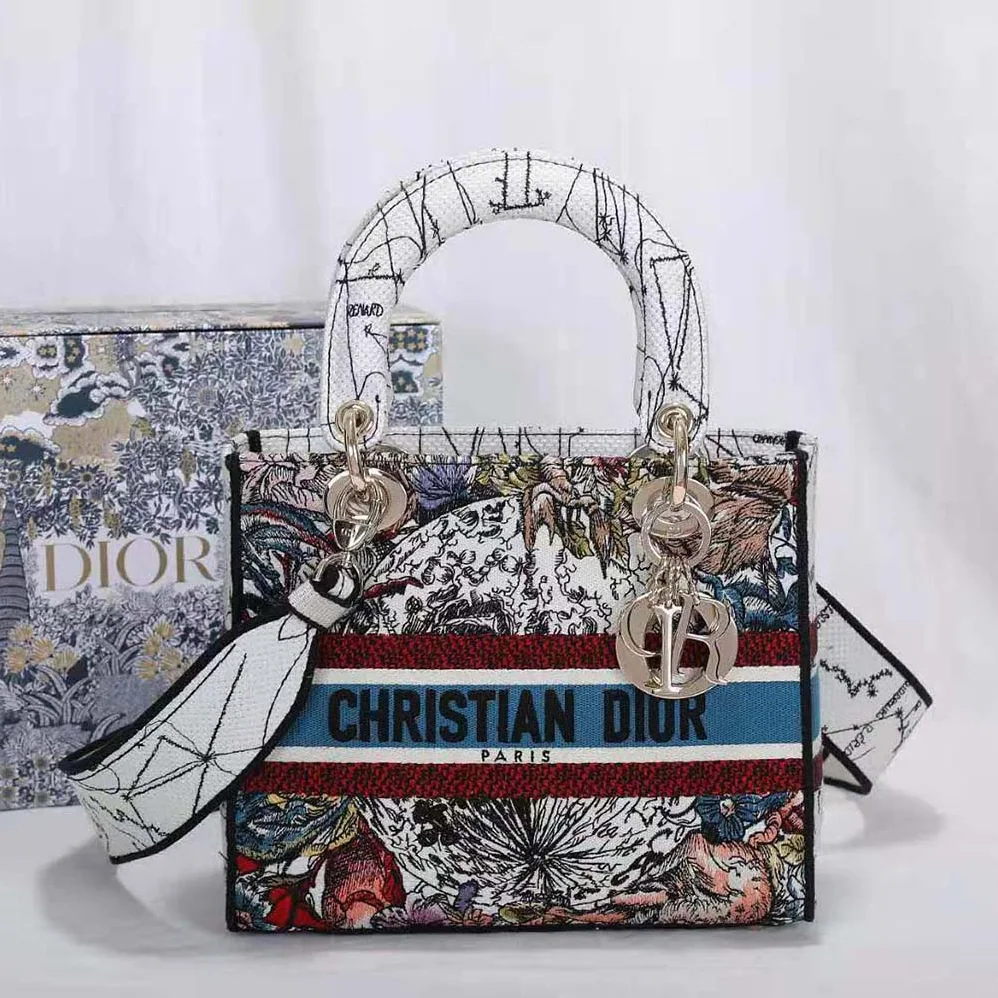 Dior Medium Lady D-lite Bag Latte Multicolor Dior Constellation Embroidery for Women in White