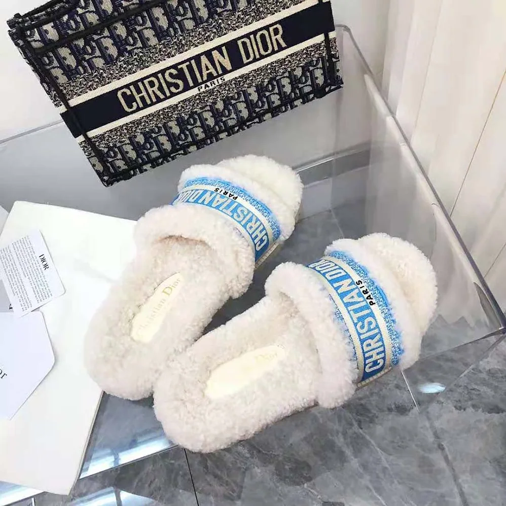 Dior Dway Slide Cornflower Blue Embroidered Cotton and White Shearling for Women
