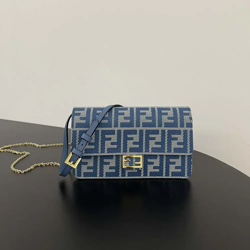 Fendi Wallet On Chain Baguette Blue Denim for Women in effect FF Jacquard Wallet