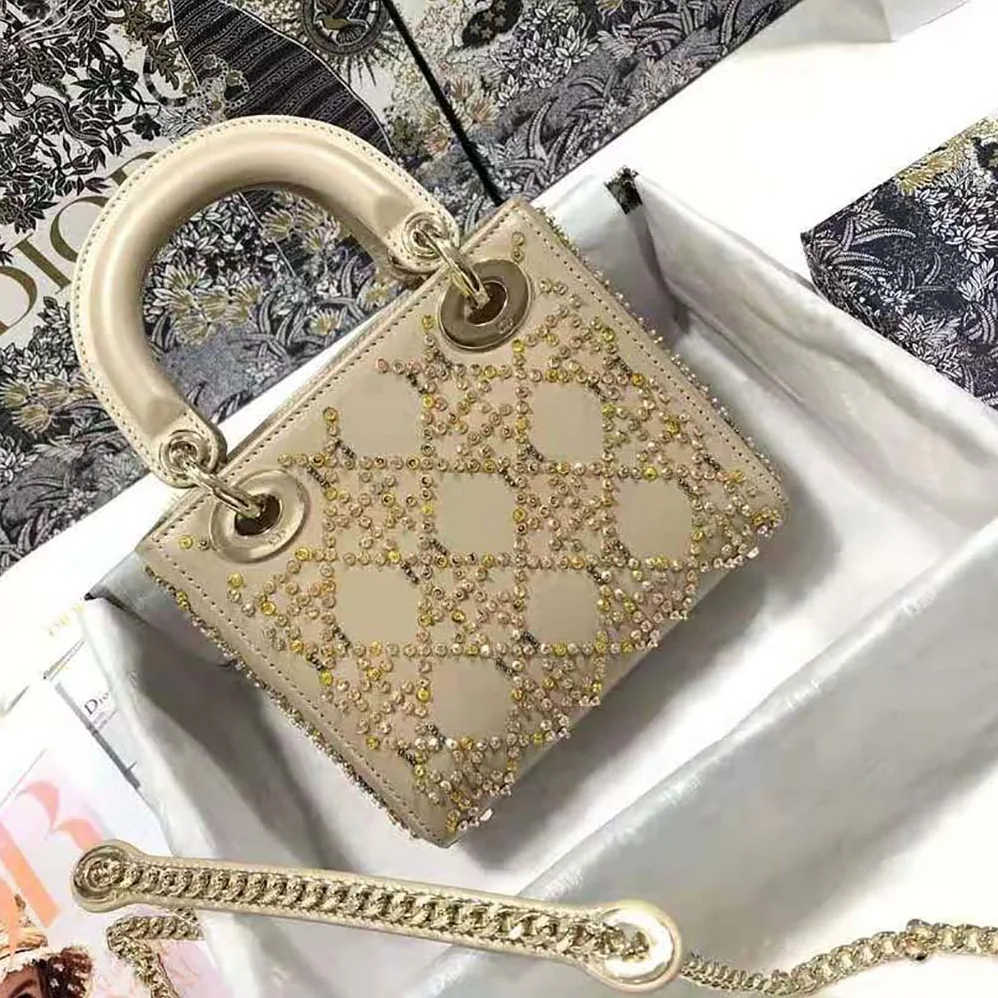 Dior Mini Lady Dior Bag Metallic Cannage Calfskin with Platinum Beaded Embroidery for Women
