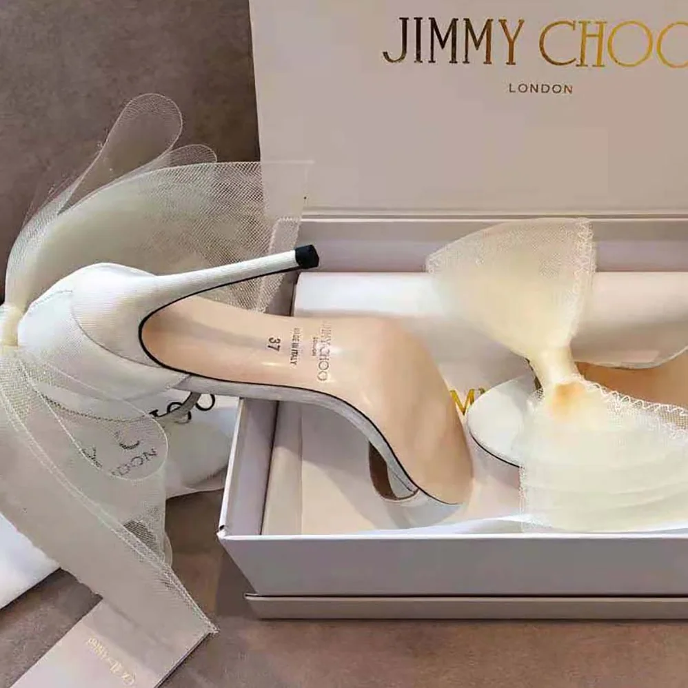 Jimmy Choo Aveline 100 White Sandals with Asymmetric Grosgrain Mesh Fascinator Bows for Women