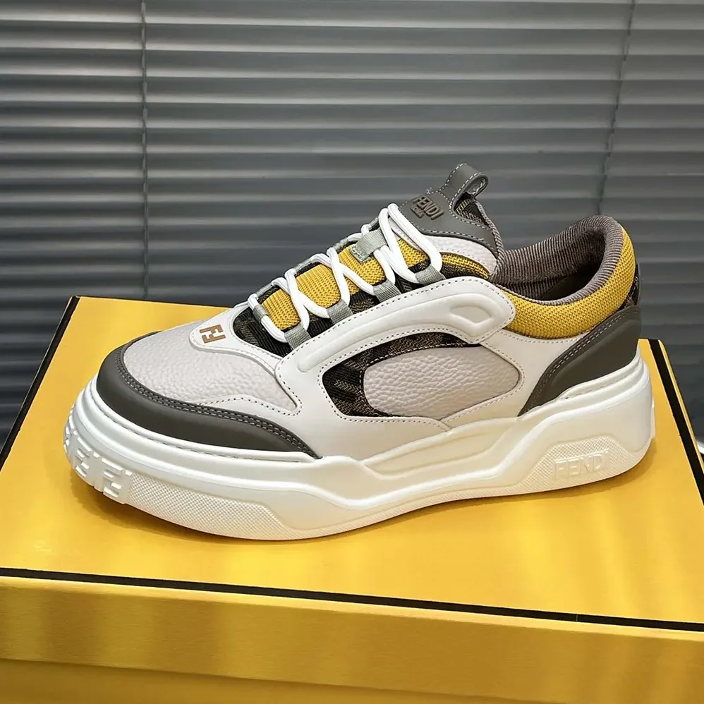 Fendi Fendi Force Sneakers White Brown and Yellow Leather Low for Unisex in tops