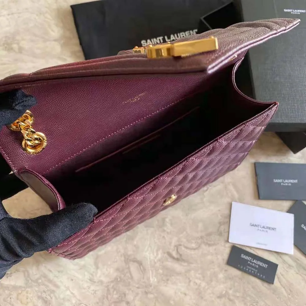 Saint Laurent YSL Envelope Medium Bag in Mix Matelasse Grain DE Poudre Embossed Leather for Women in Maroon