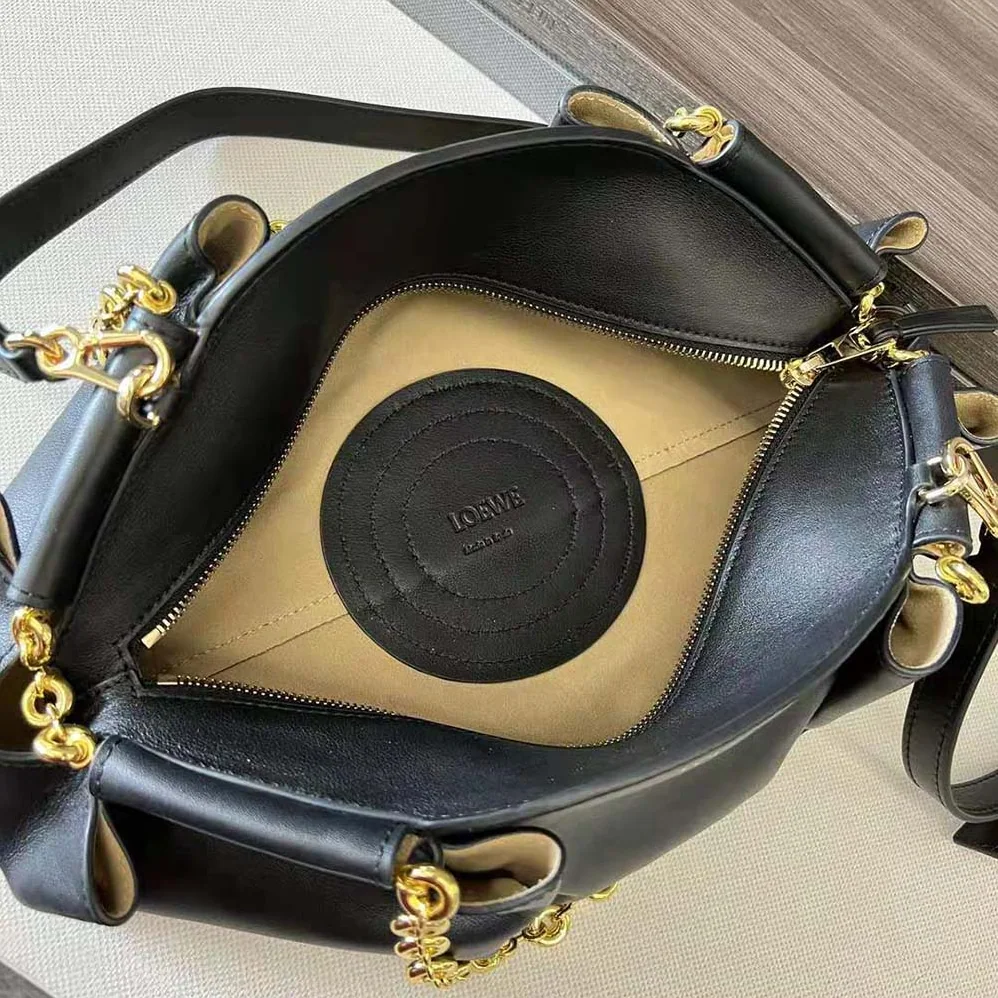 Loewe Small Paseo Bag in Shiny Nappa Calfskin with Chain for Women in Black