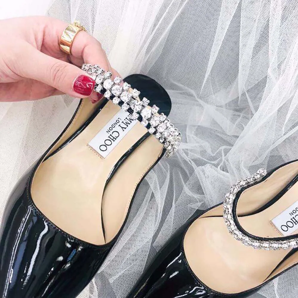 Jimmy Choo Shoes Bing 65 Black Patent Leather Mules with Crystal Strap for Women Jimmy Choo Shoes Bing 65 Black Patent Leather Mules with Crystal Strap for Women