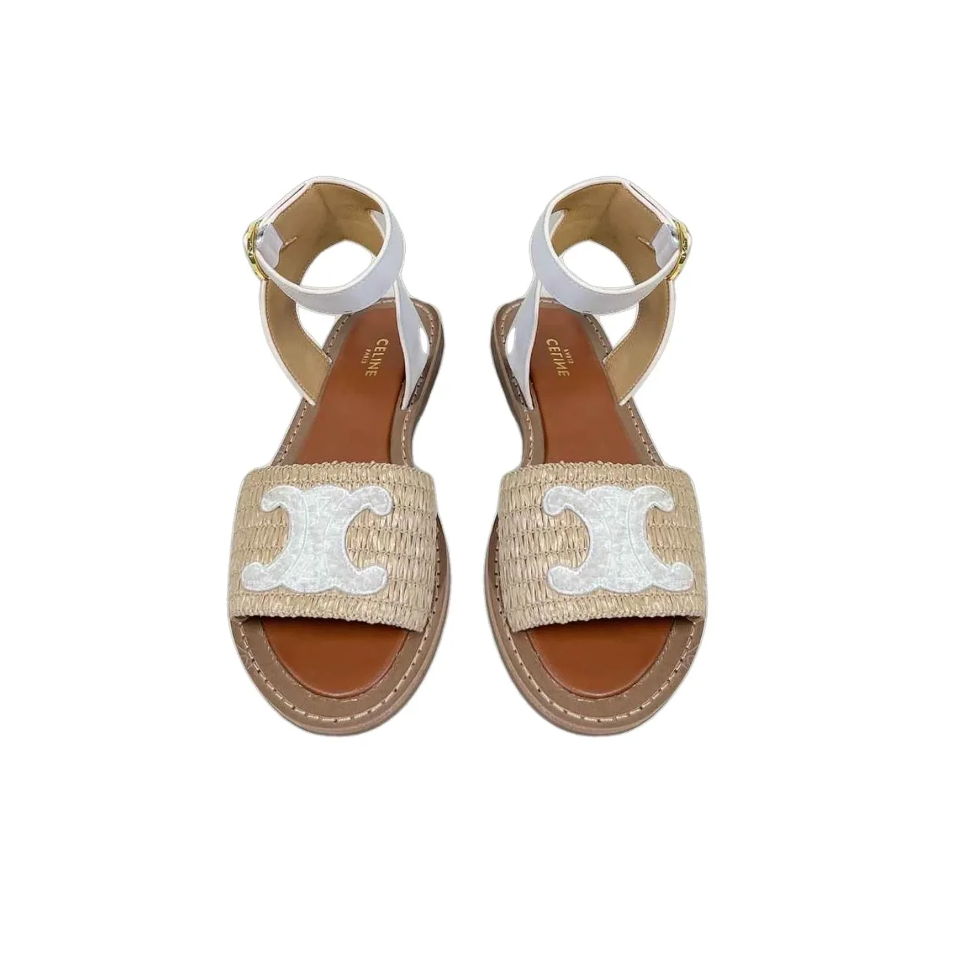 Celine Lympia Flat Strap Sandal In Raffia White .02GH