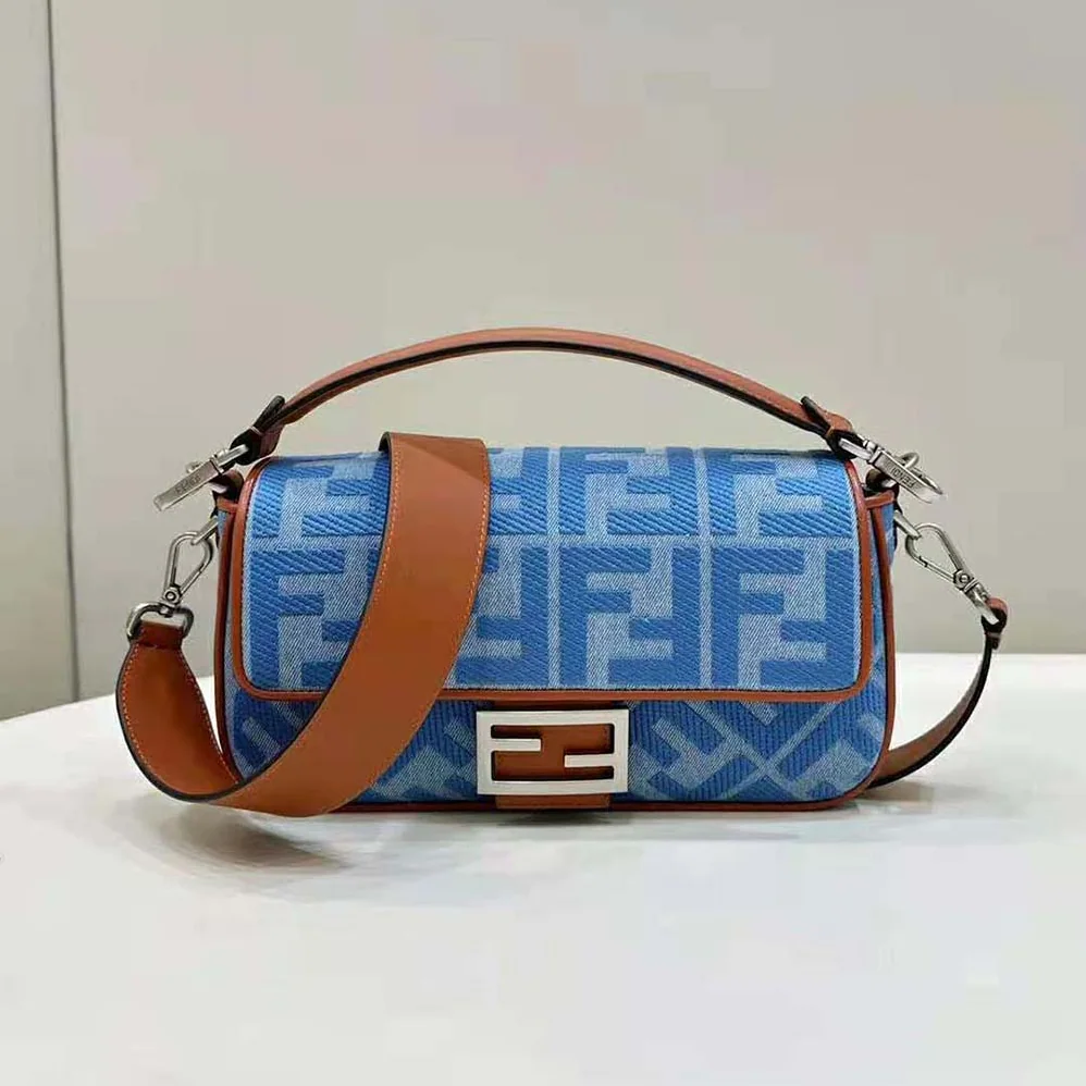 Fendi Baguette Light Blue Denim Bag with FF Embroidery for Women