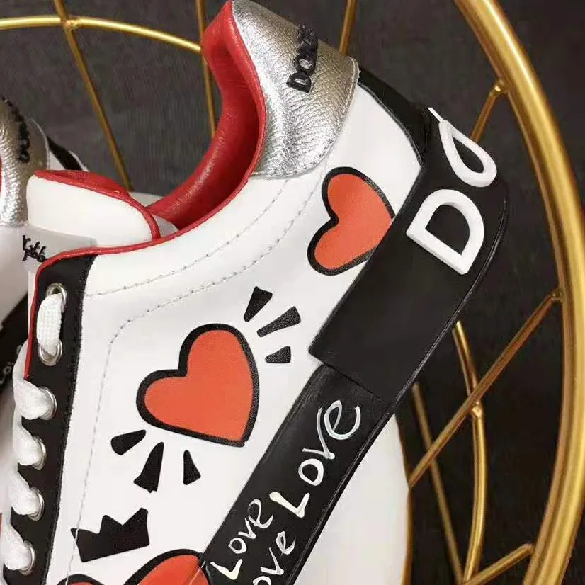 Dolce Gabbana D&G Calfskin Nappa Portofino Sneakers with Heart Print for Women in Red