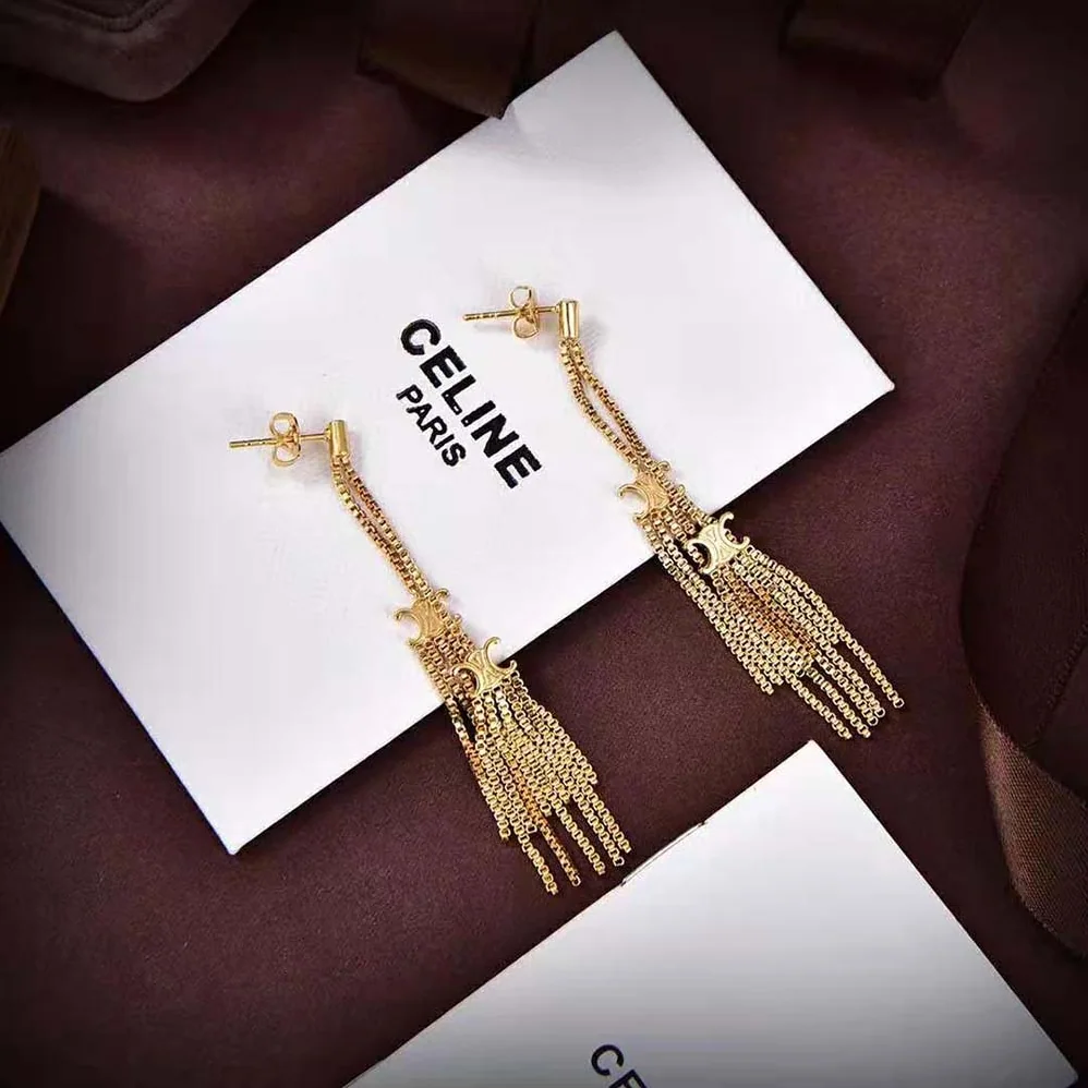Celine Triomphe Folk Pompon Earrings in Brass with Gold Finish for Women