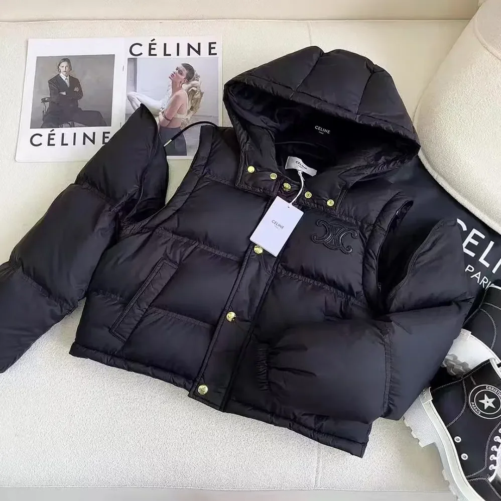 Celine Triomphe Cropped Down Jacket in Lightweight Nylon for Women in Black