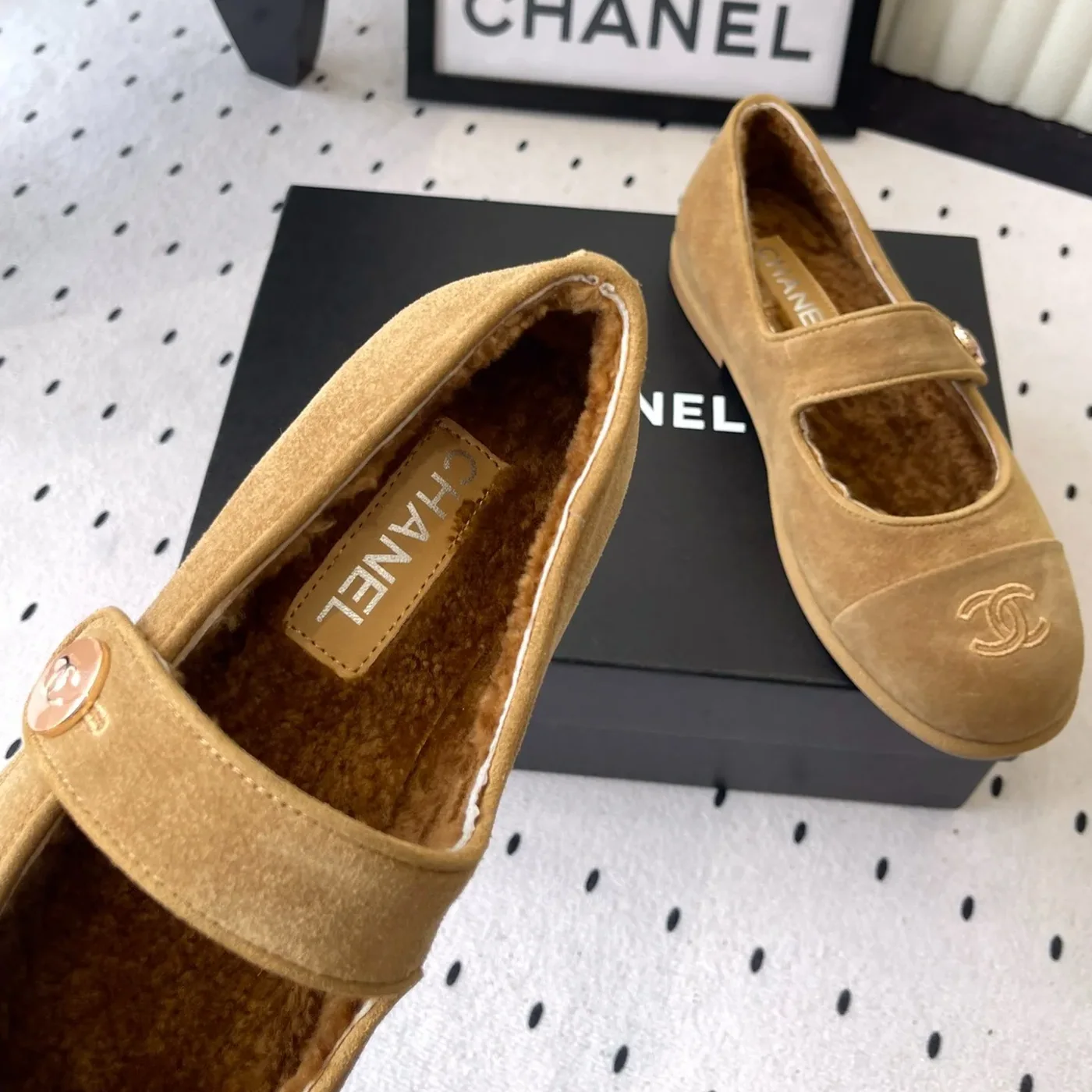 Chanel Mary Jane Flats Tan Suede Shearling