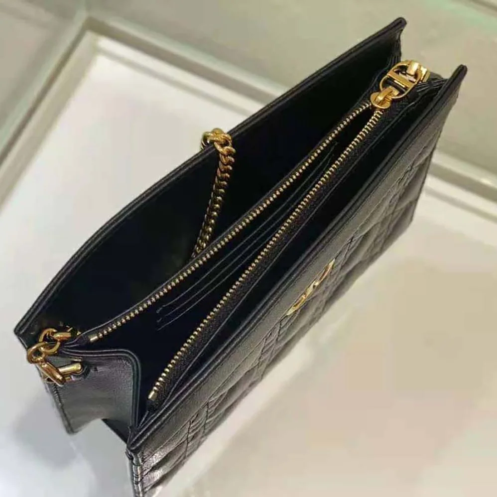 Dior Caro Zipped Pouch with Chain Black Supple Cannage Calfskin for Women