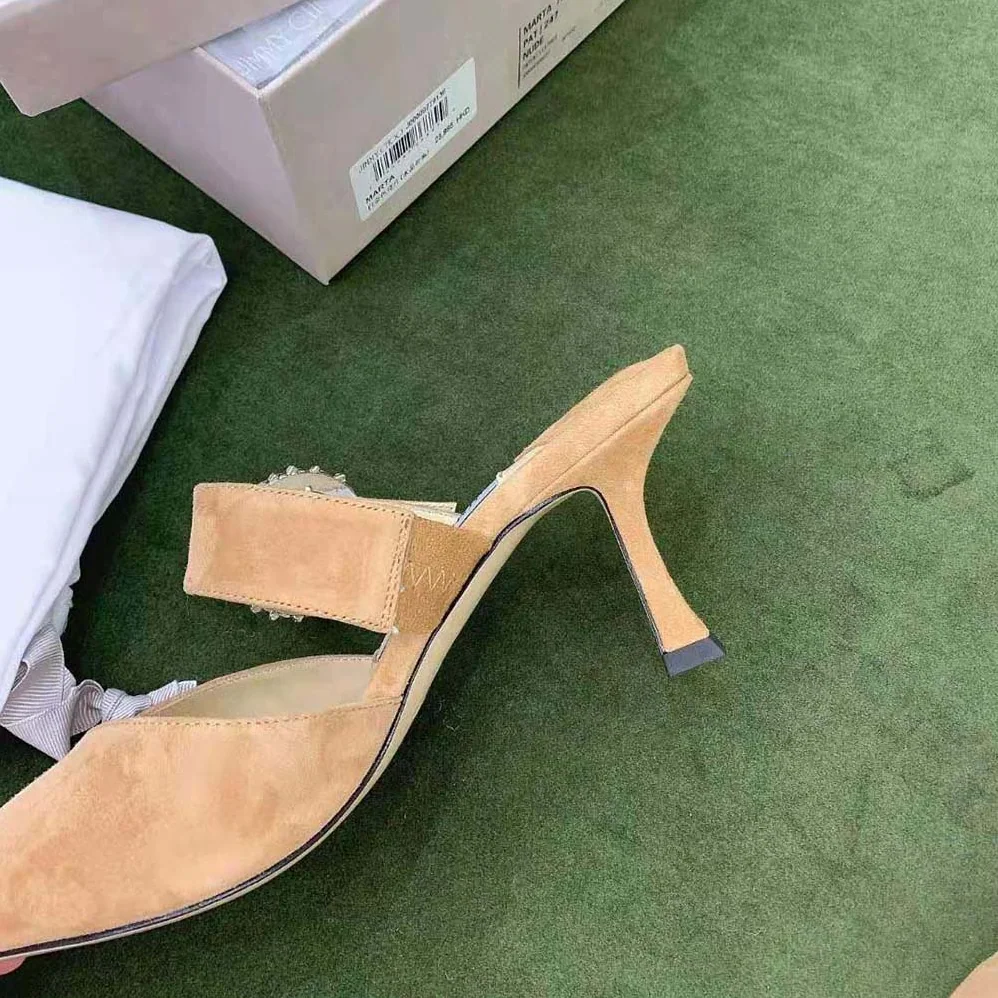 Jimmy Choo Marta 70 Caramel Suede Mules with Crystal Buckle for Women Jimmy Choo Marta 70 Caramel Suede Mules with Crystal Buckle for Women