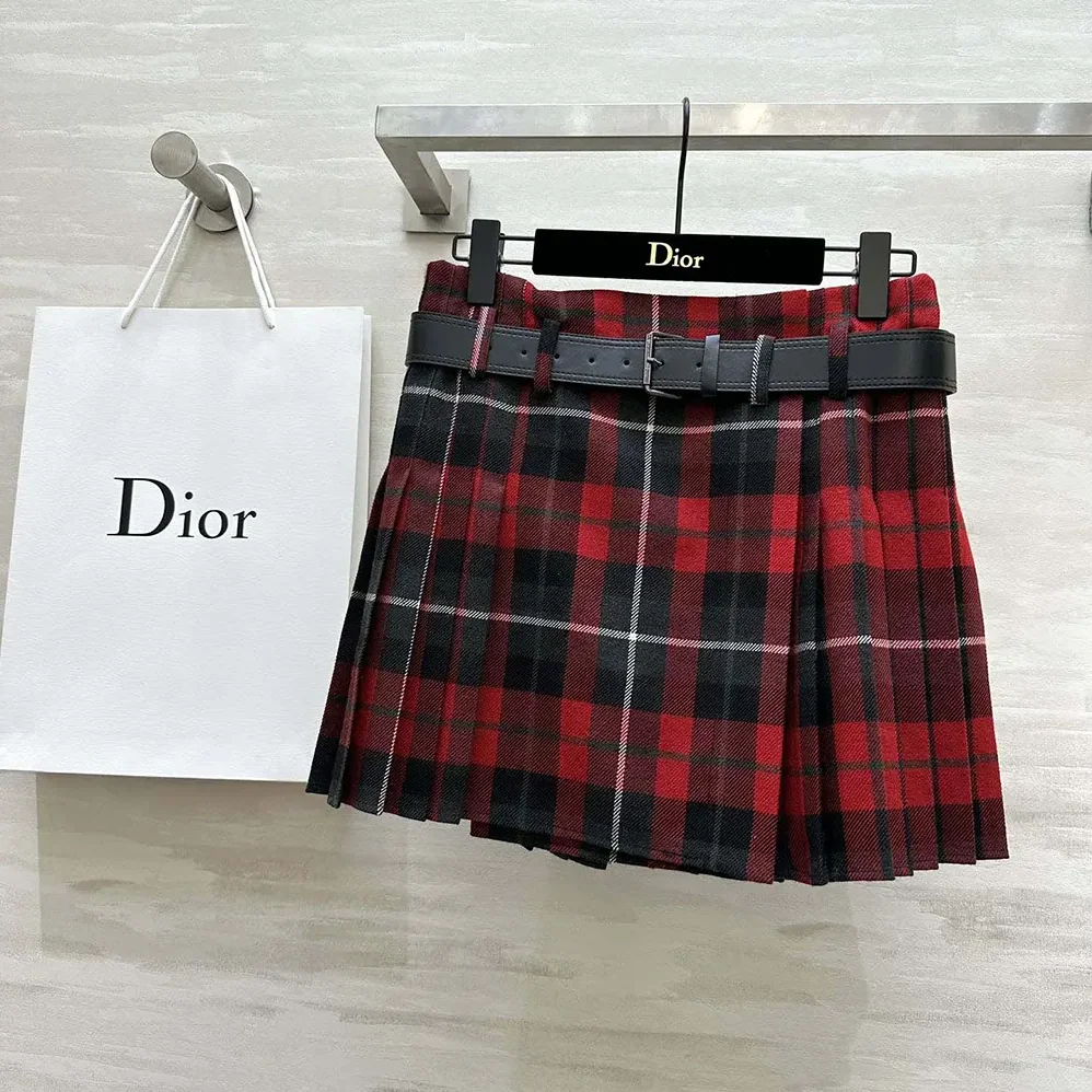 Dior Belted Short Kilt Red Gray and Black Check'n'Dior Virgin Wool for Women