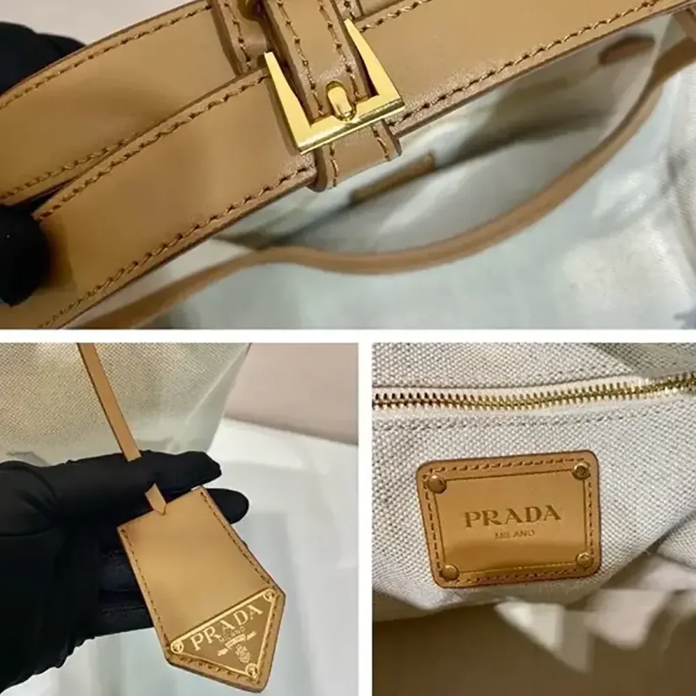 Prada Medium Linen Blend and Leather Tote Bag for Women Prada Medium Linen Blend and Leather Tote Bag for Women