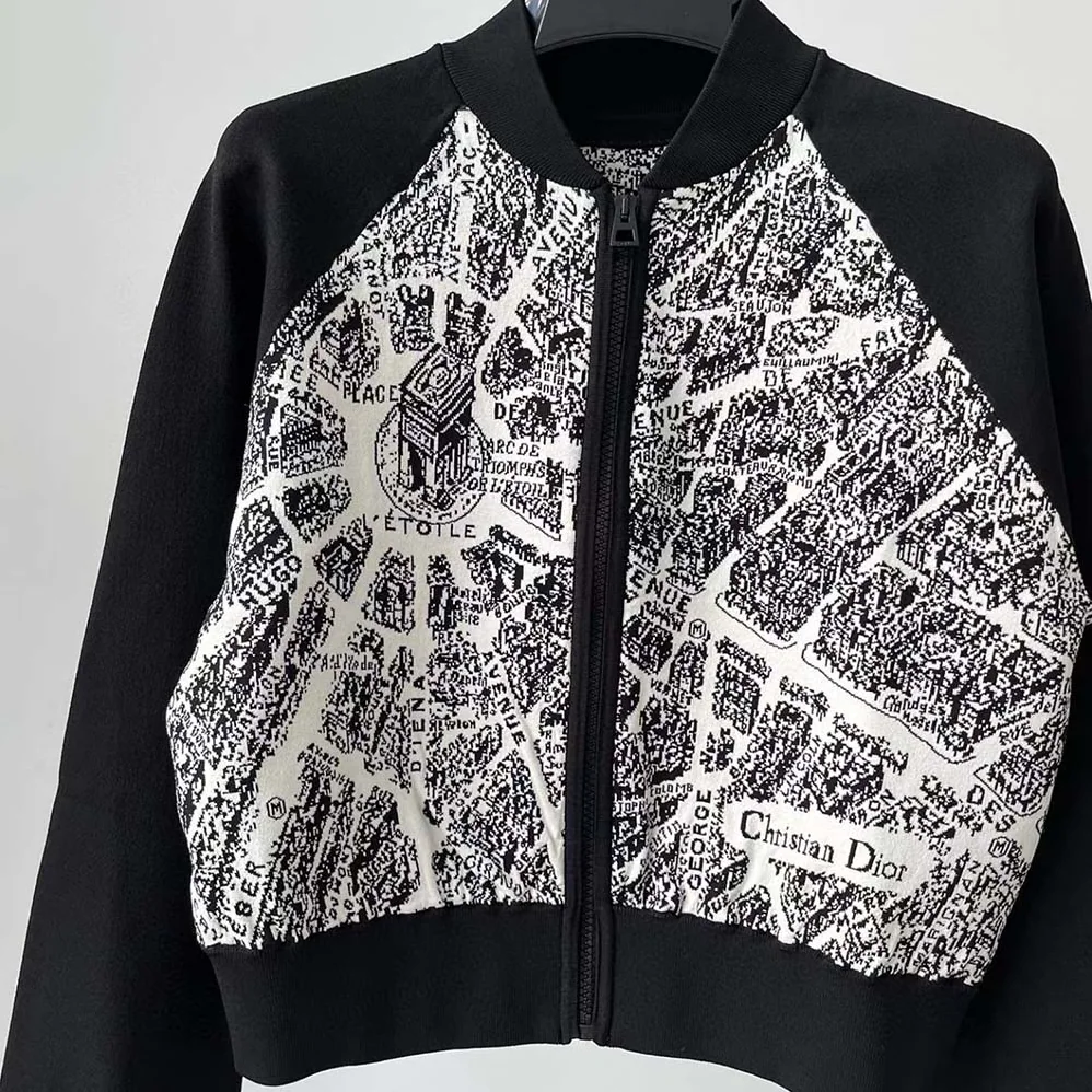 Dior Cropped Bomber Jacket Black and White Technical Taffeta Jacquard with Plan de Paris Motif for Women