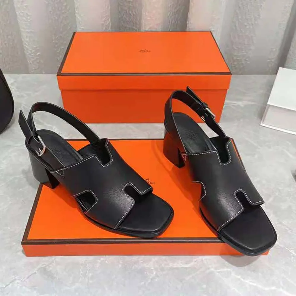 Hermes Elbe 60 Sandal in Calfskin with H Cut-Out Detail for Women in Black Hermes Elbe 60 Sandal in Calfskin with H Cut-Out Detail for Women in Black
