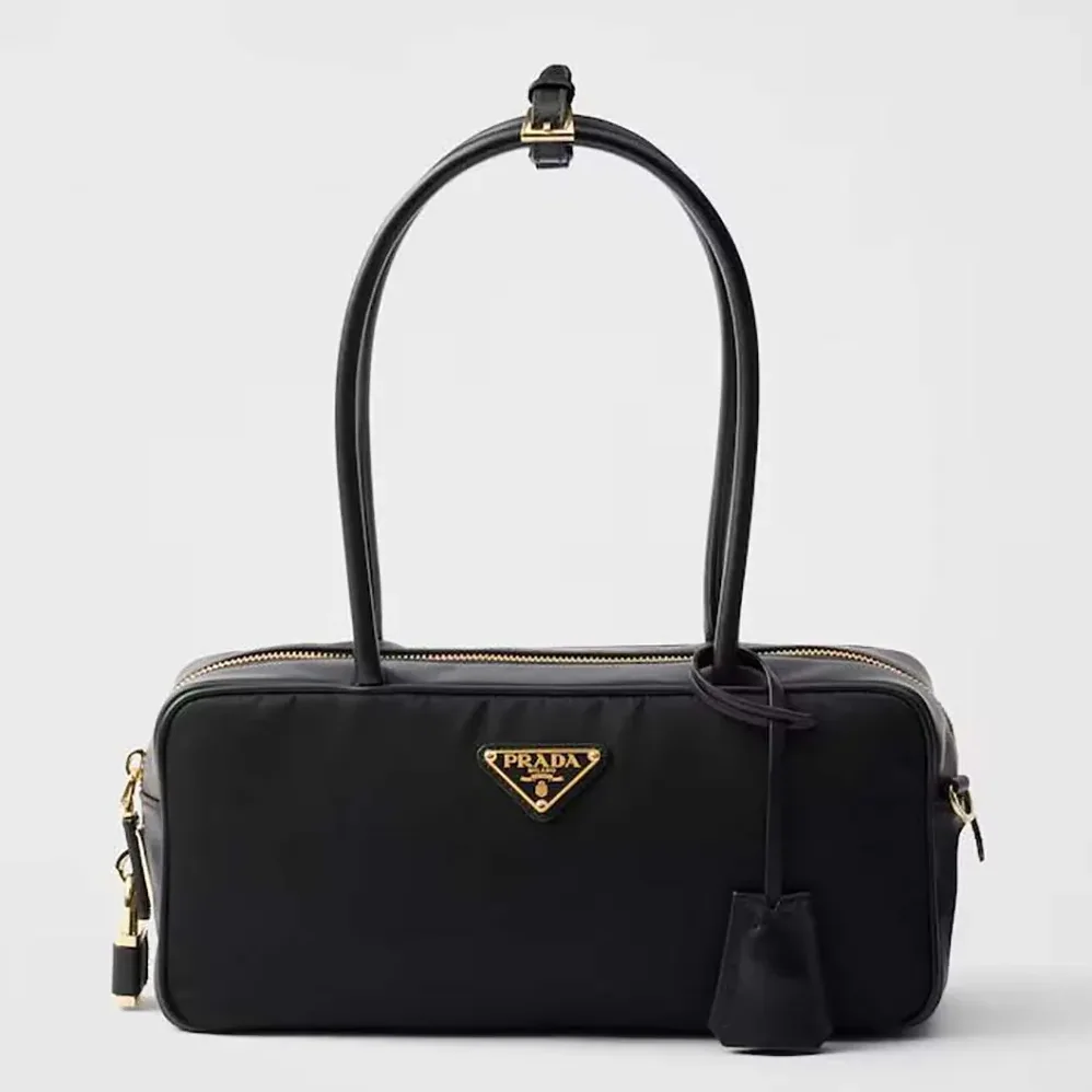 Prada Re-Nylon and Leather Small Top for Women in handle Bag with Padlock Prada Re-Nylon and Leather Small Top for Women in handle Bag with Padlock