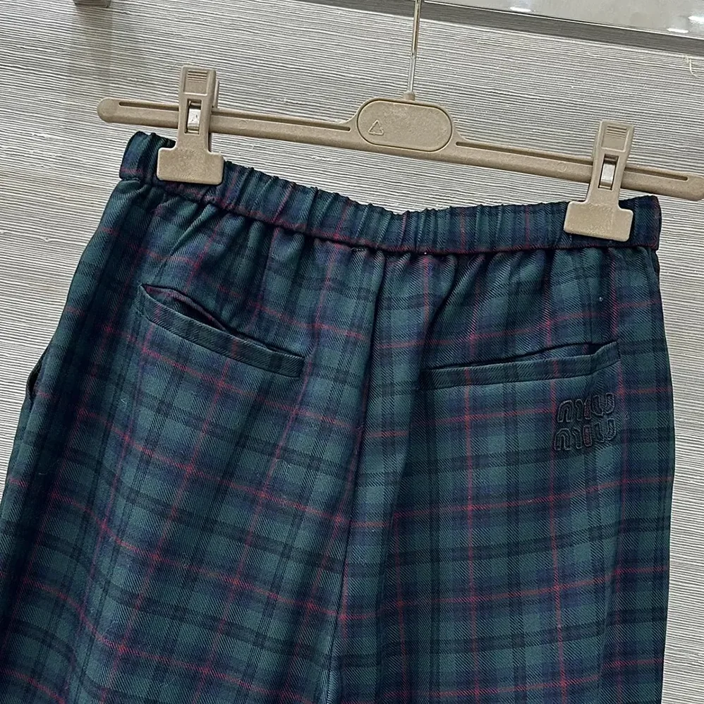 Miu Miu Plaid Pants with Embroidered Logo for Women Miu Miu Plaid Pants with Embroidered Logo for Women