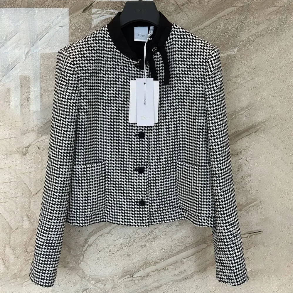 Dior Cropped Jacket Black and White Houndstooth Virgin Wool Blend for Women