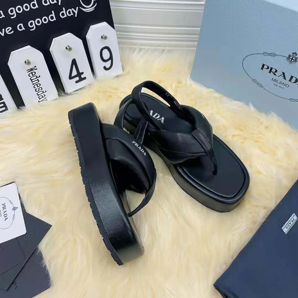 Prada Nappa Leather Thong Flatform Sandals for Women in Black