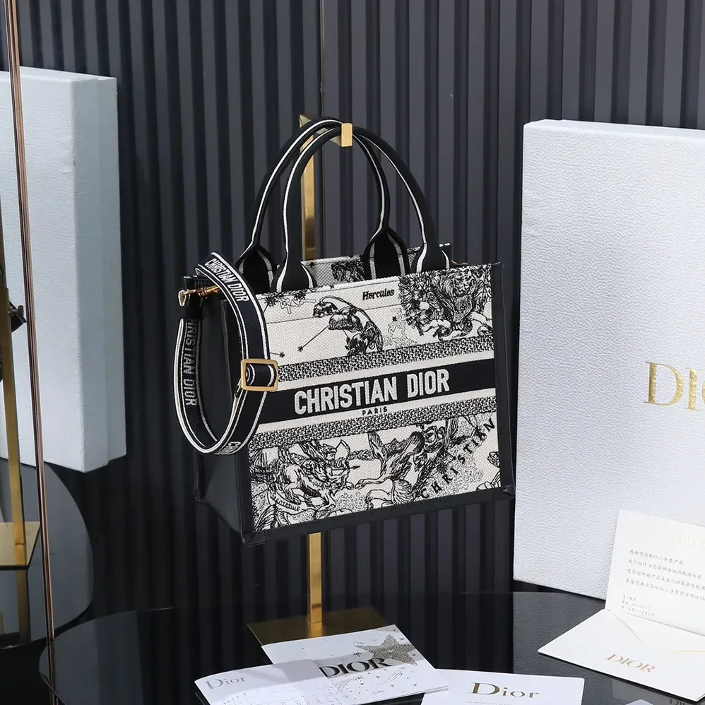 Dior Small Dior Book Tote Latte and Black Dior Zodiac Embroidery with Black Calfskin for Women Dior Small Dior Book Tote Latte and Black Dior Zodiac Embroidery with Black Calfskin for Women