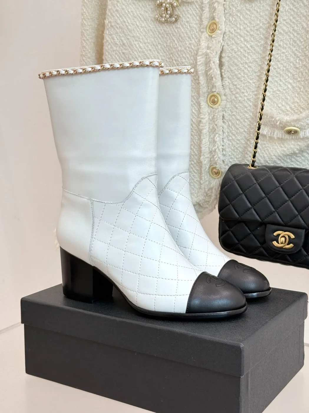 Chanel Double C Chunky Heel Boots With Chain Detail White Chanel Double C Chunky Heel Boots With Chain Detail White