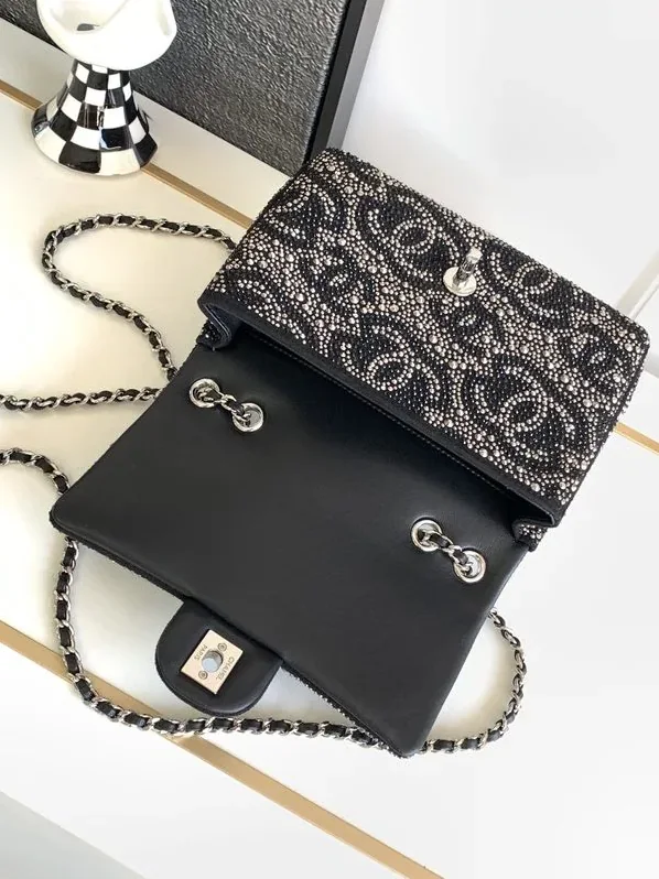 Chanel Paris Double Flap Bag Small Crossbody in Black Silver Hardware