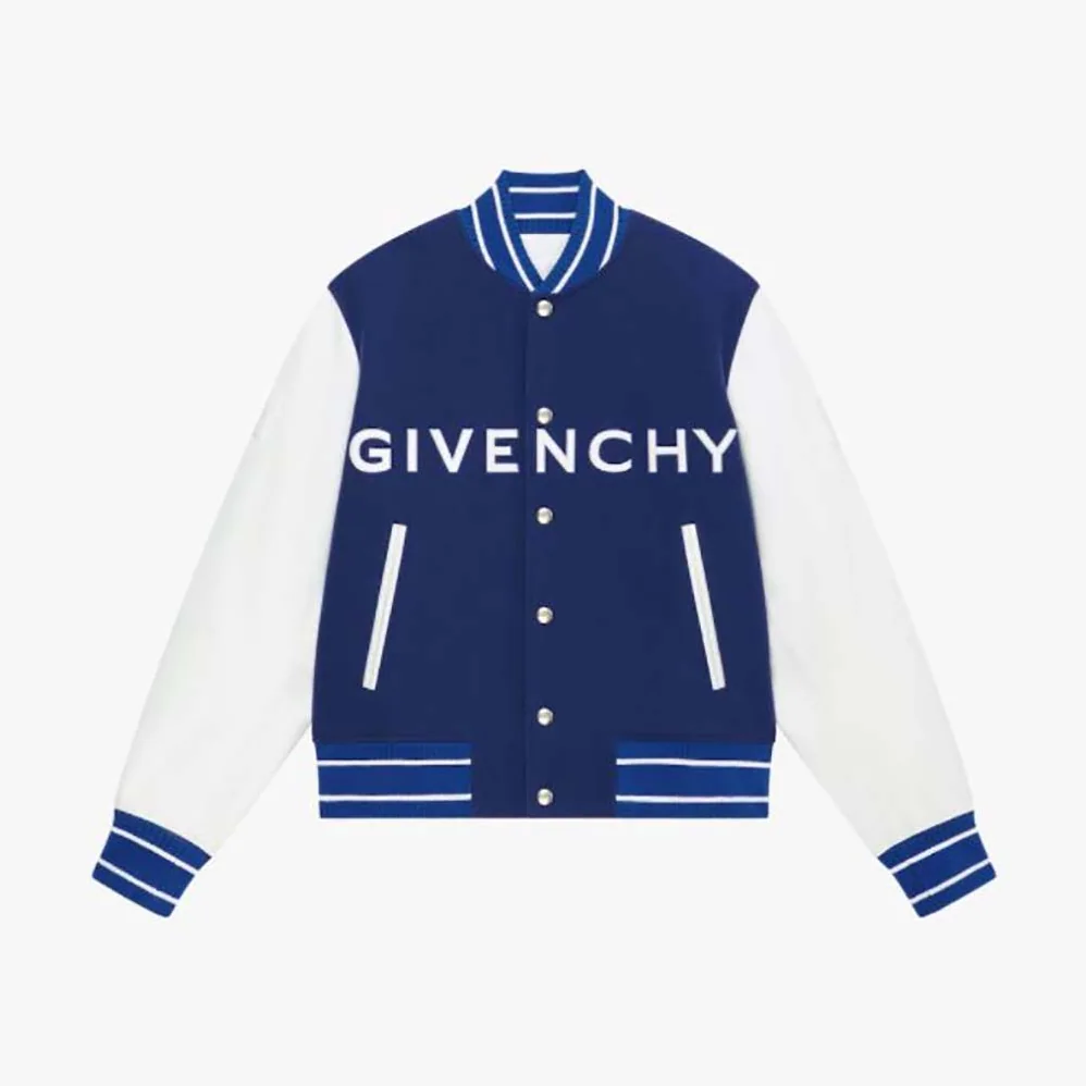 Givenchy Bomber Jacket in Wool and GIVENCHY Leather for Women in White/Blue Givenchy Bomber Jacket in Wool and GIVENCHY Leather for Women in White/Blue