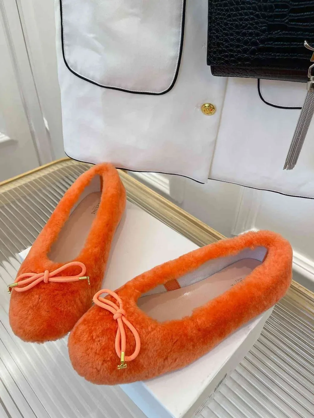 Celine Les Ballerines Celine Ballerina With Triomphe Laces And Fur Orange