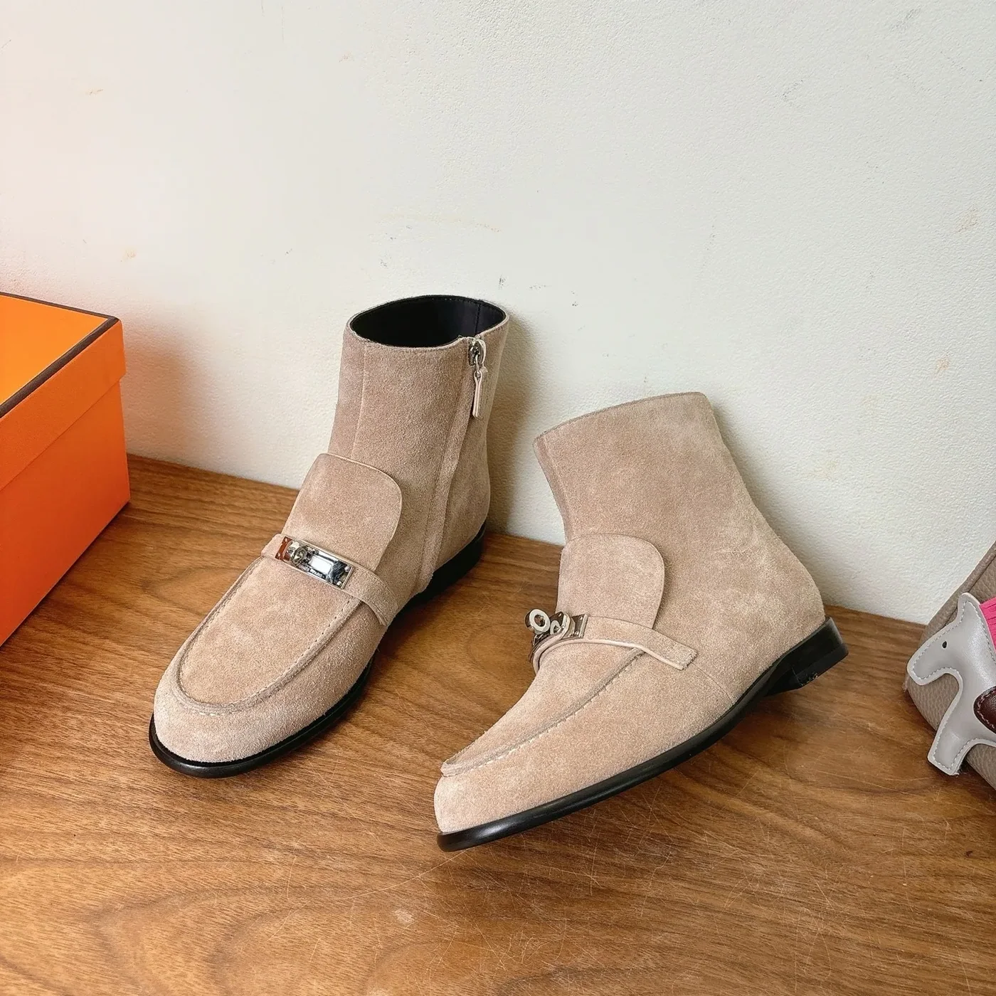 Hermes Kelsy Ankle Boots Beige Camel