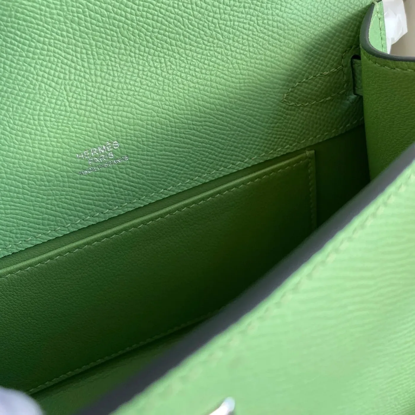 Hermes Kelly Pochette Top Handle Bag in Green Epsom Palladium Hardware