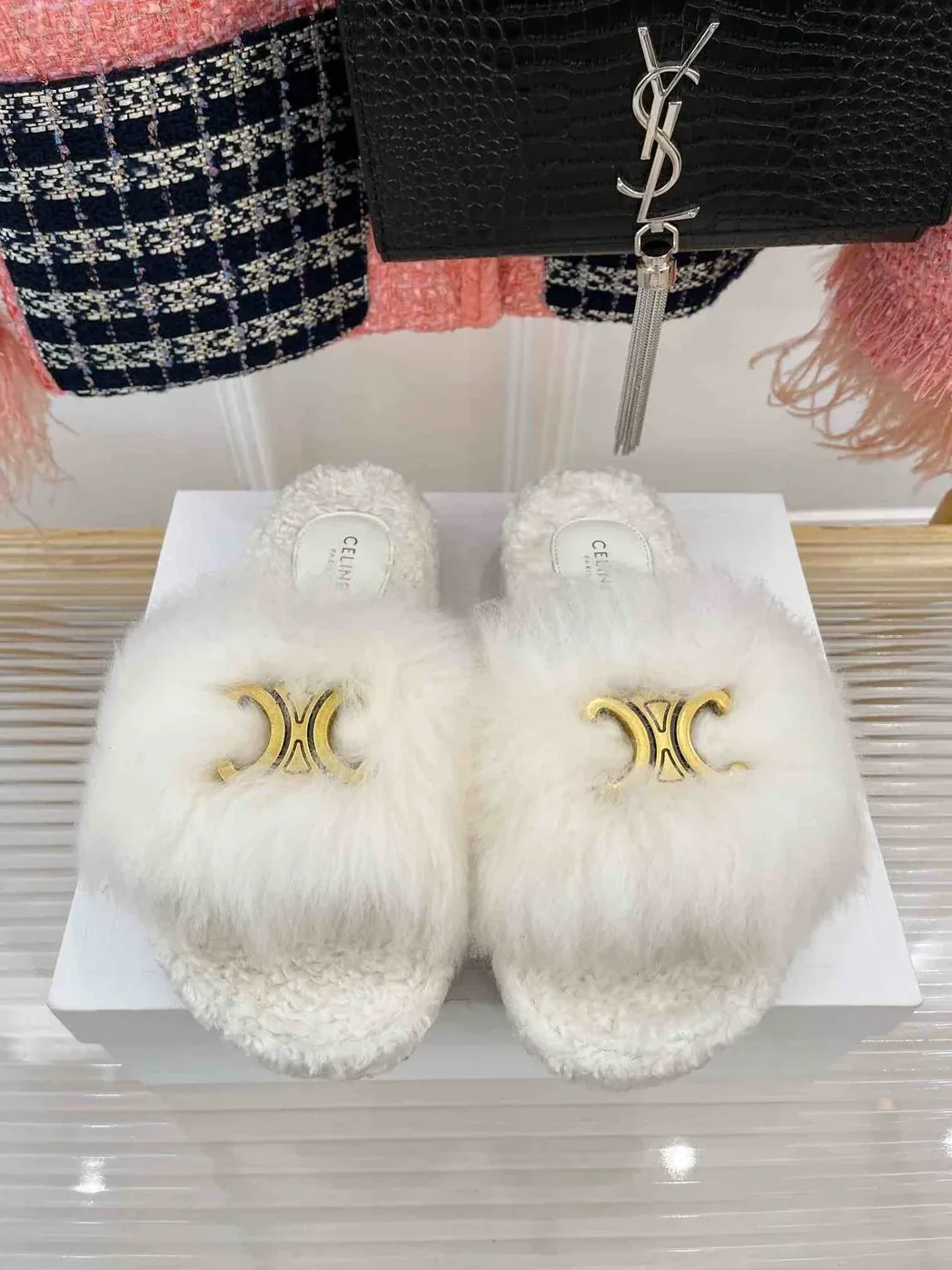 Celine Clea Triomphe Slide With Fur White Celine Clea Triomphe Slide With Fur White
