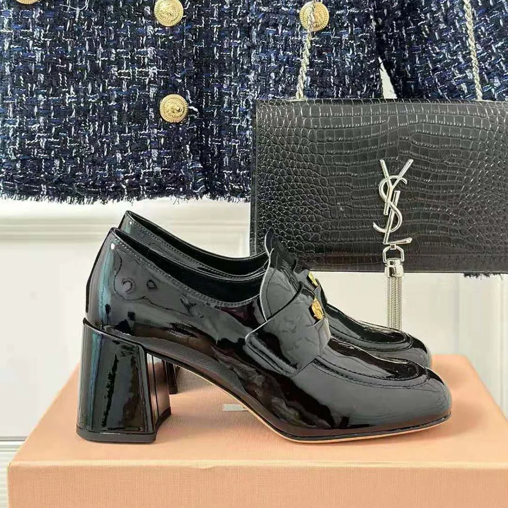Miu Miu Patent Leather Loafers with Embossed Logo on the Tongue for Women in Black Miu Miu Patent Leather Loafers with Embossed Logo on the Tongue for Women in Black