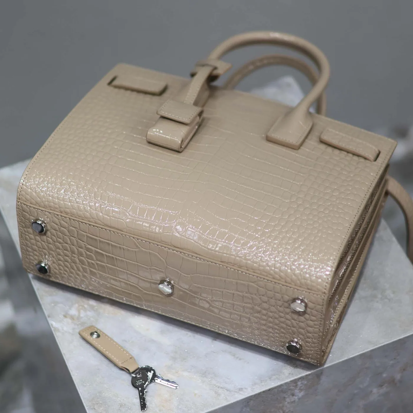 Saint Laurent YSL Sac De Jour in Embossed Crocodile Leather Baby for Women in Sandy Saint Laurent YSL Sac De Jour in Embossed Crocodile Leather Baby for Women in Sandy