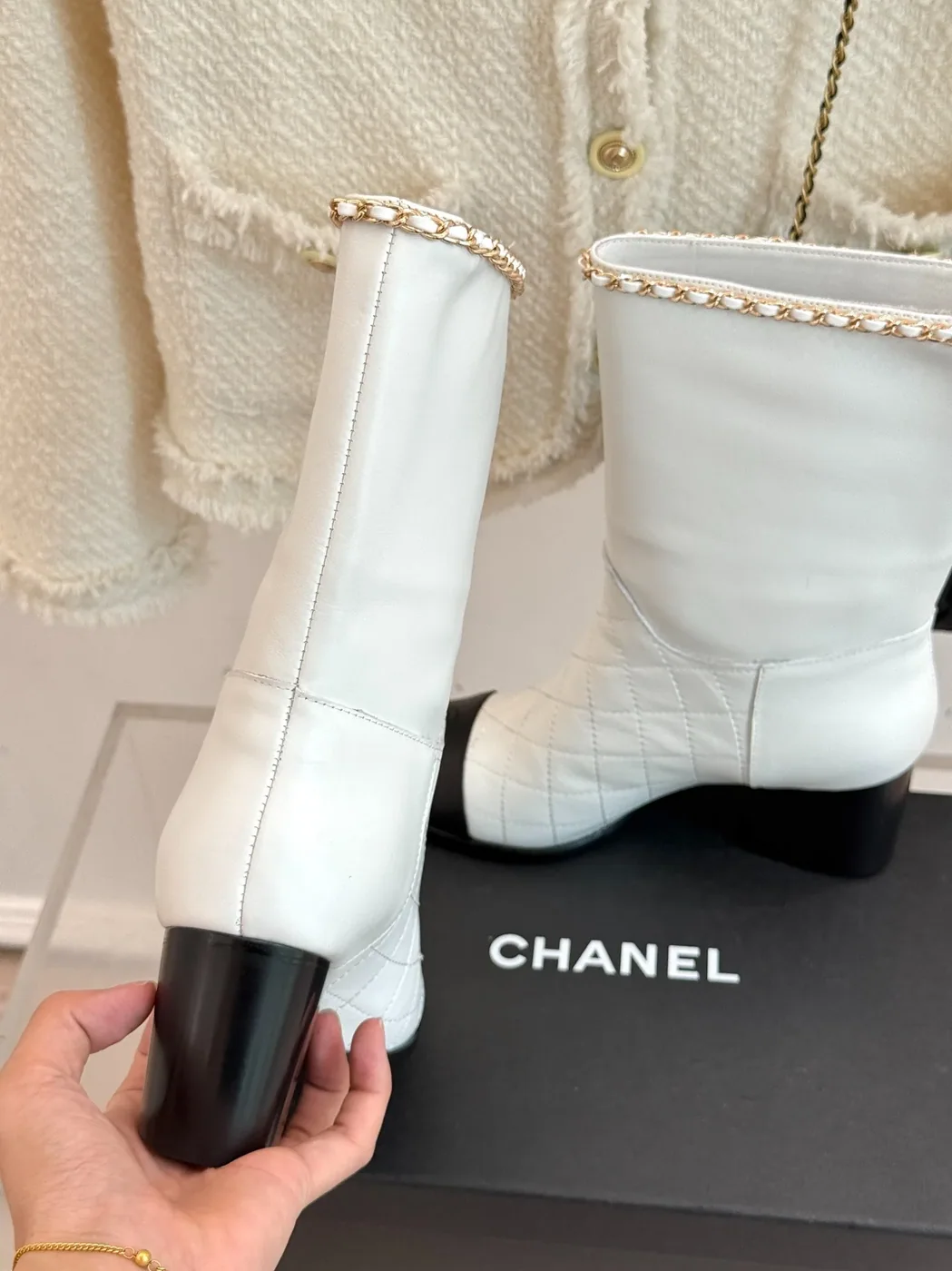 Chanel Double C Chunky Heel Boots With Chain Detail White Chanel Double C Chunky Heel Boots With Chain Detail White