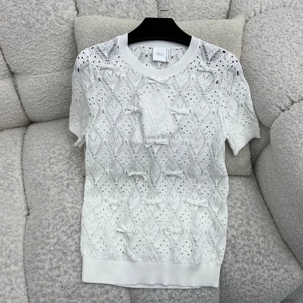 Dior Dioriviera Embroidered Short-Sleeved Sweater Ecru Openwork Cotton Knit for Women Dior Dioriviera Embroidered Short-Sleeved Sweater Ecru Openwork Cotton Knit for Women