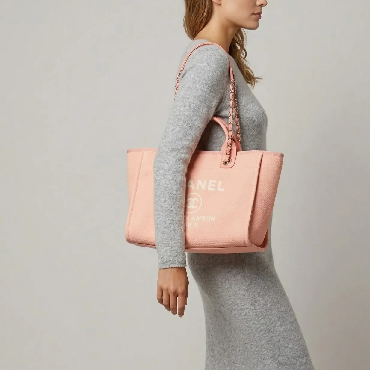 Chanel Deauville Small Tote Bag in Coral Pink Gold Hardware