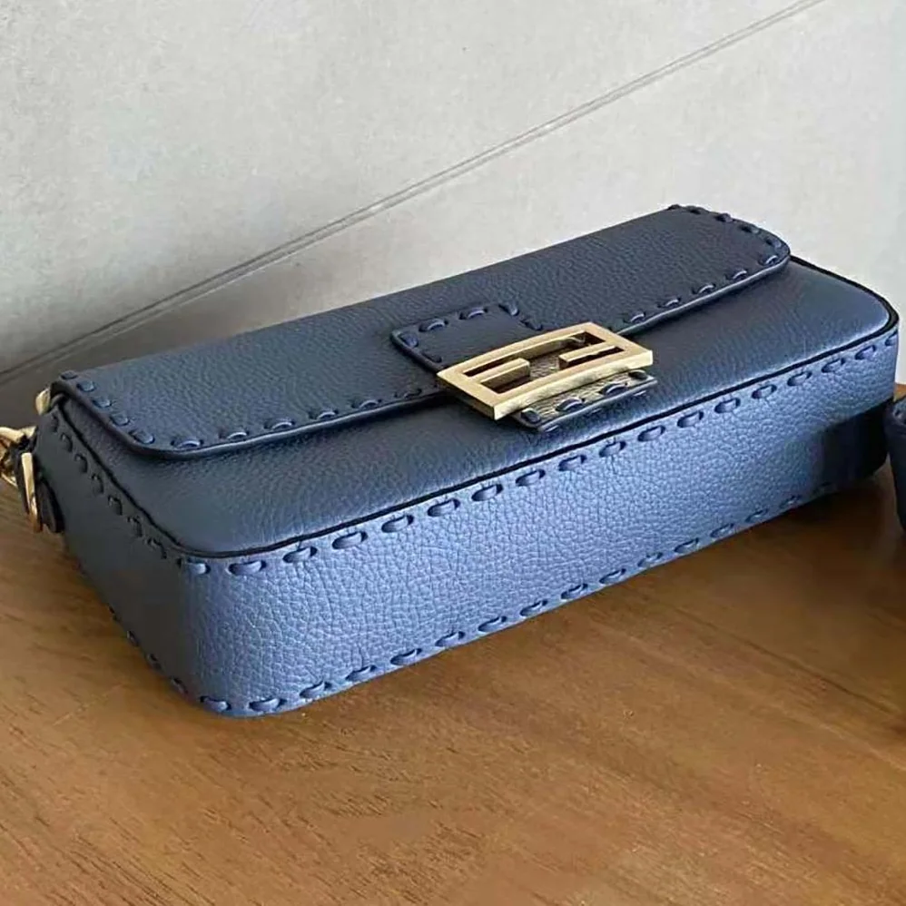 Fendi Baguette Blue Selleria Bag with Oversized Topstitching for Women